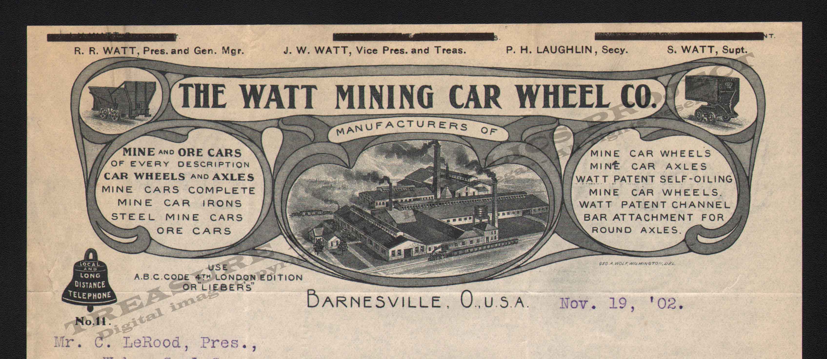 LETTERHEAD/LETTERHEAD_WATT_MINING_CAR_WHEEL_CO_11_14_1902_400_CROP_EMBOSS.jpg