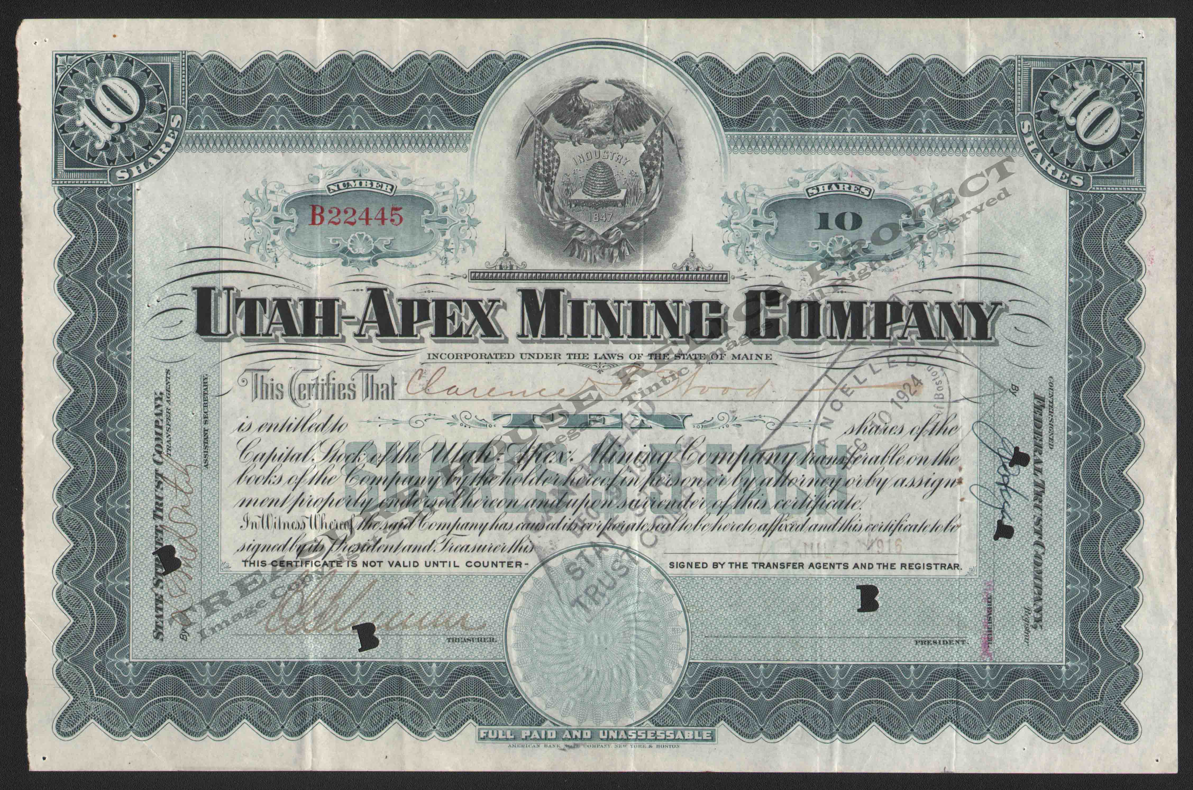 Utah-Apex Mining Company Stock Certificate Olive Maine 
